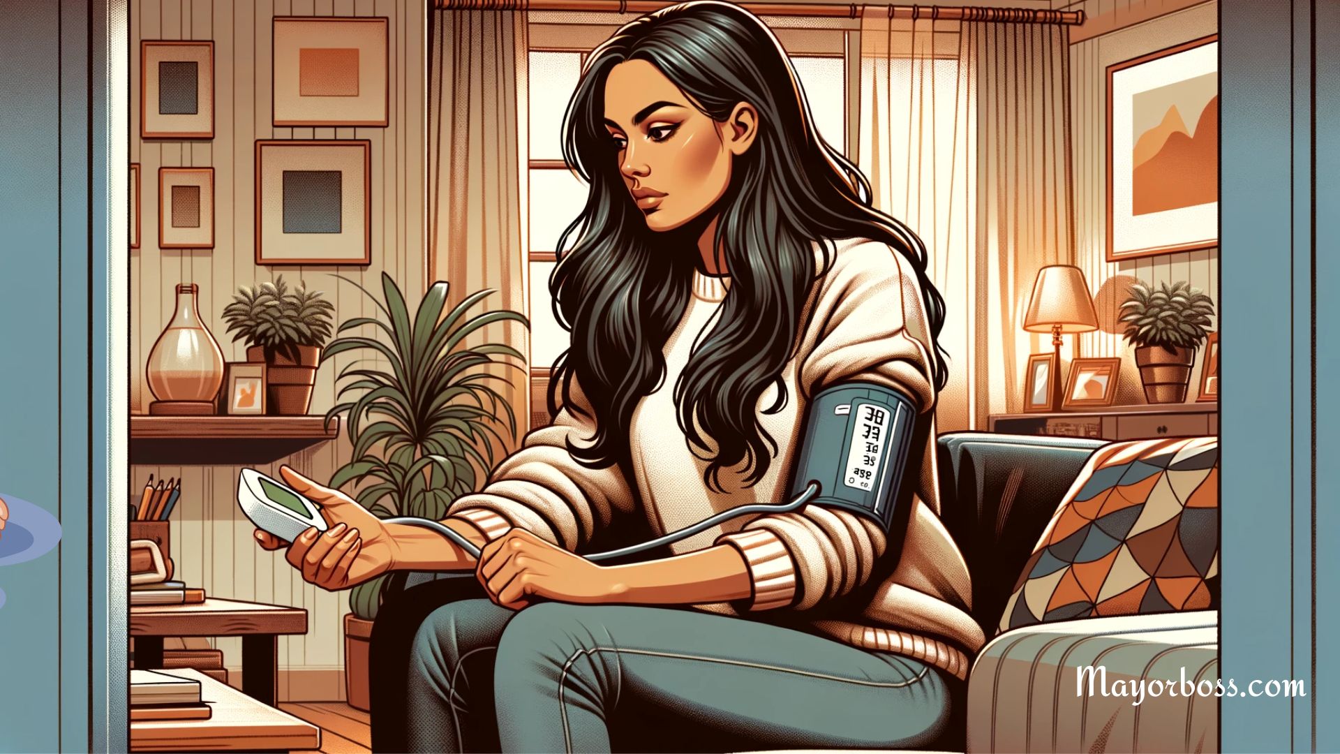 an illustration of a woman in her mid-30s checking her blood pressure at home