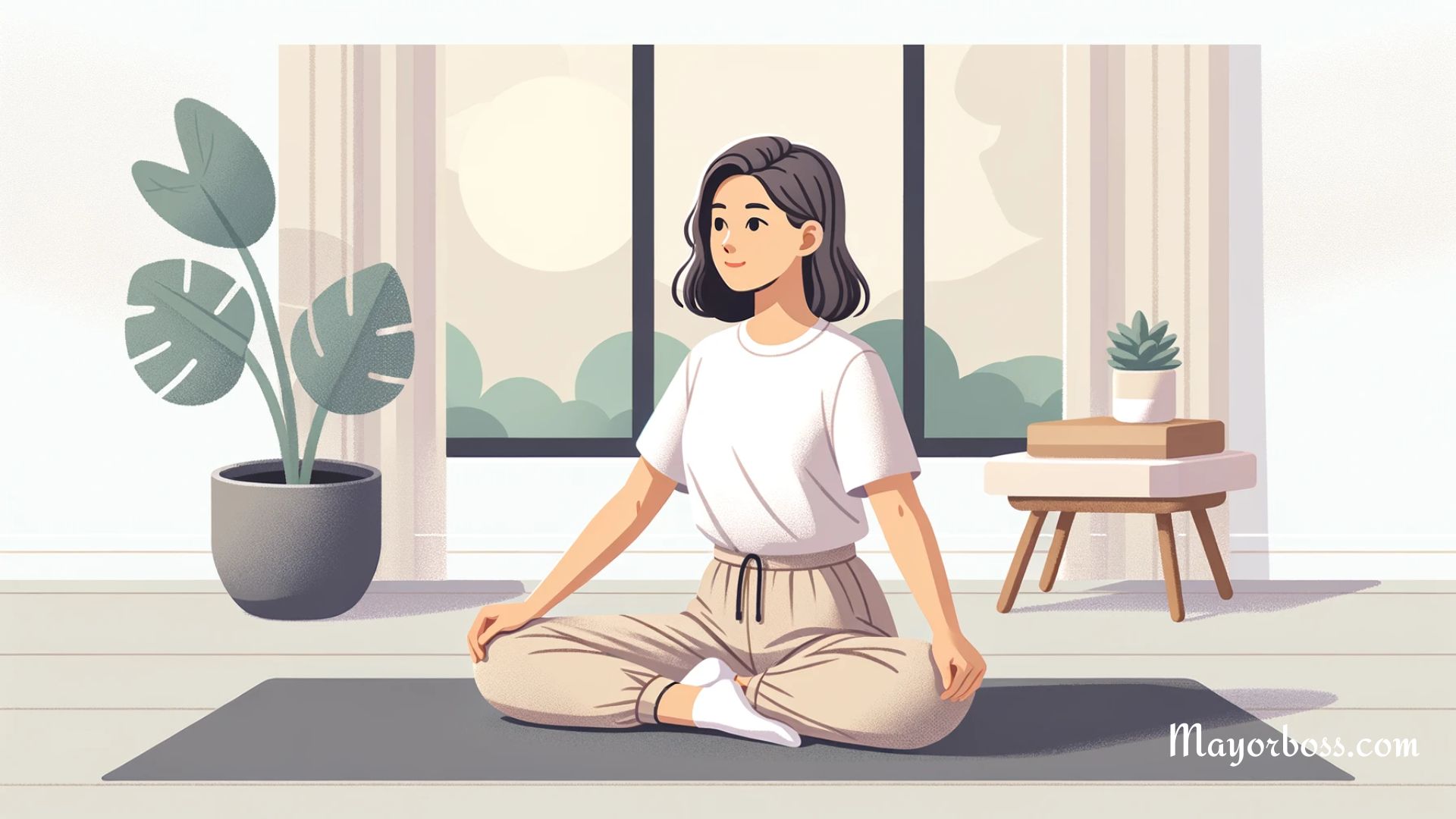 an illustration of a woman doing doing Kegel exercises at home,