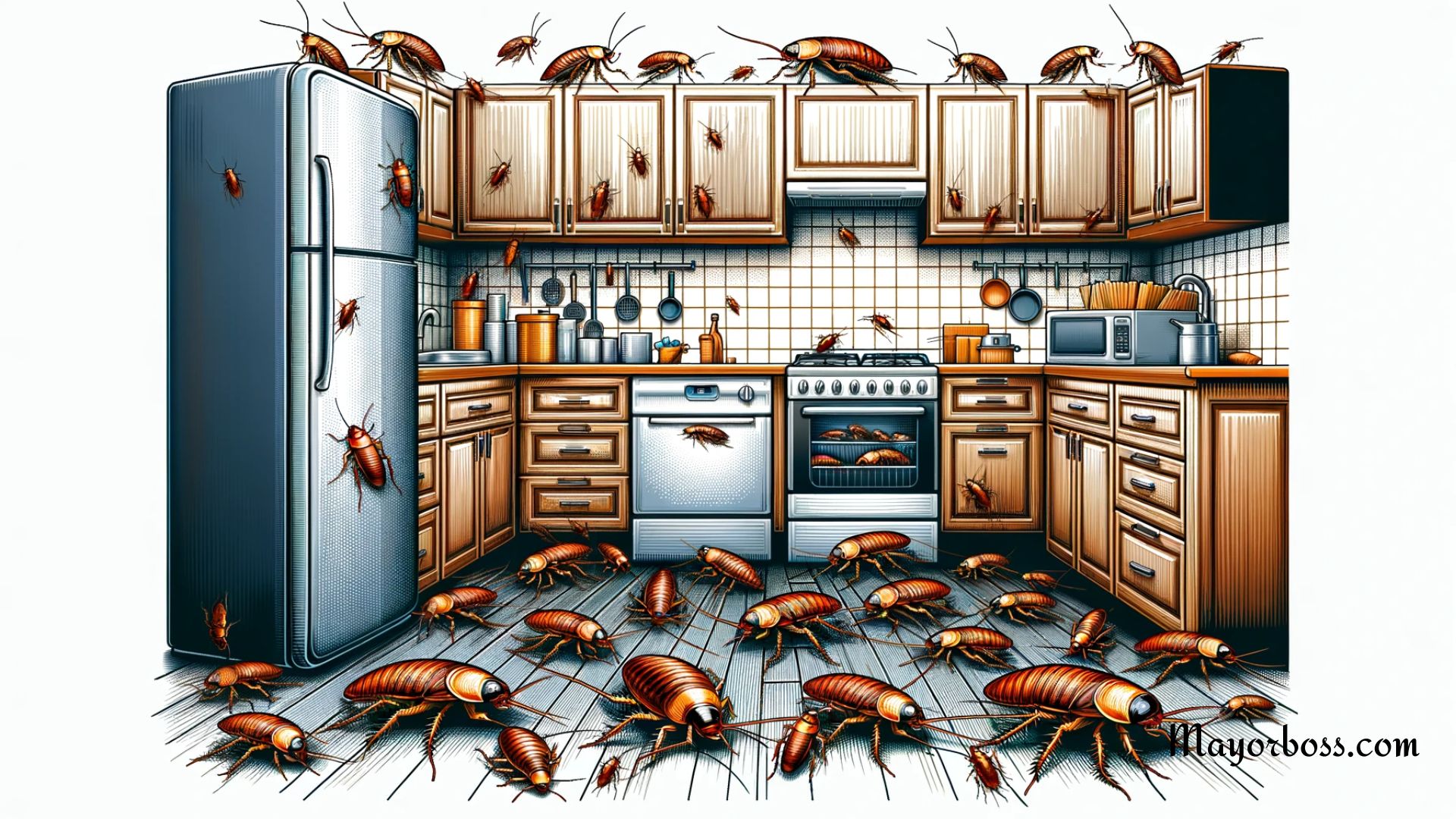an illustration of a kitchen full of cockroaches