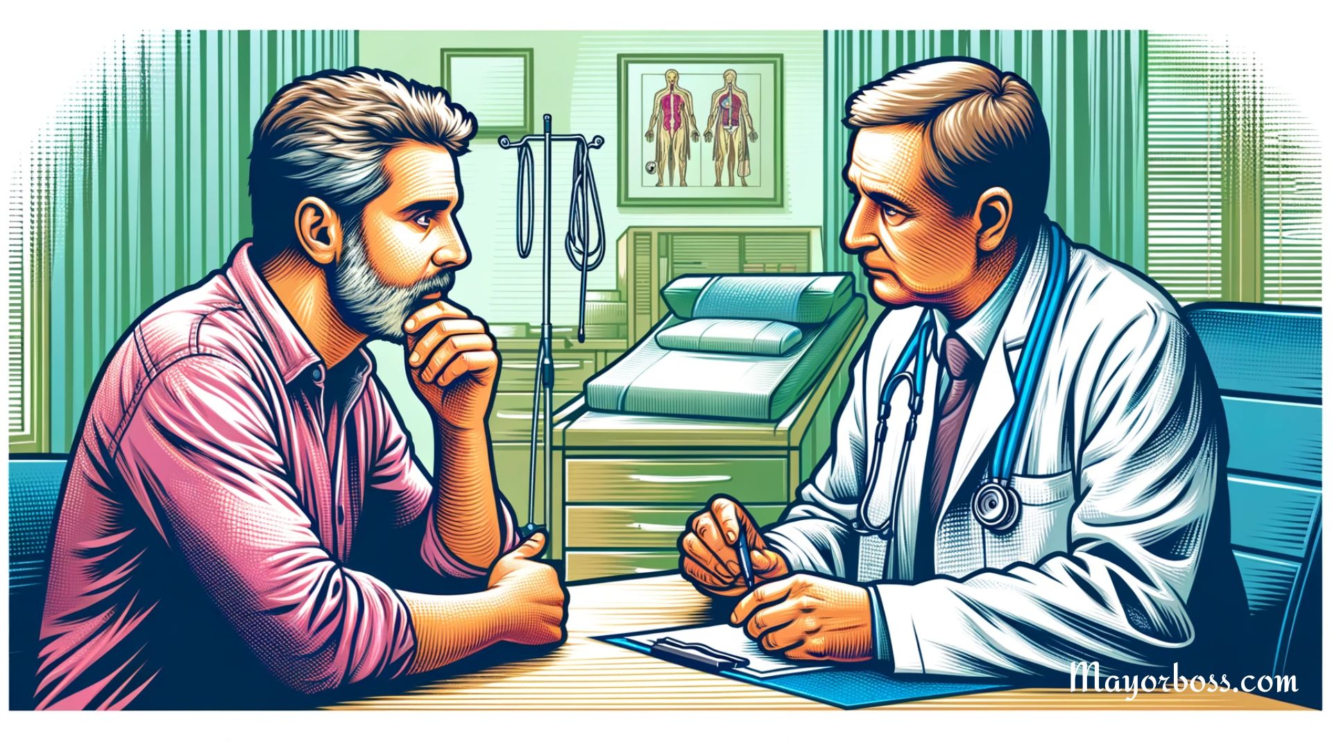 illustration showing a man in his mid-50s talking to a doctor about testosterone therapy