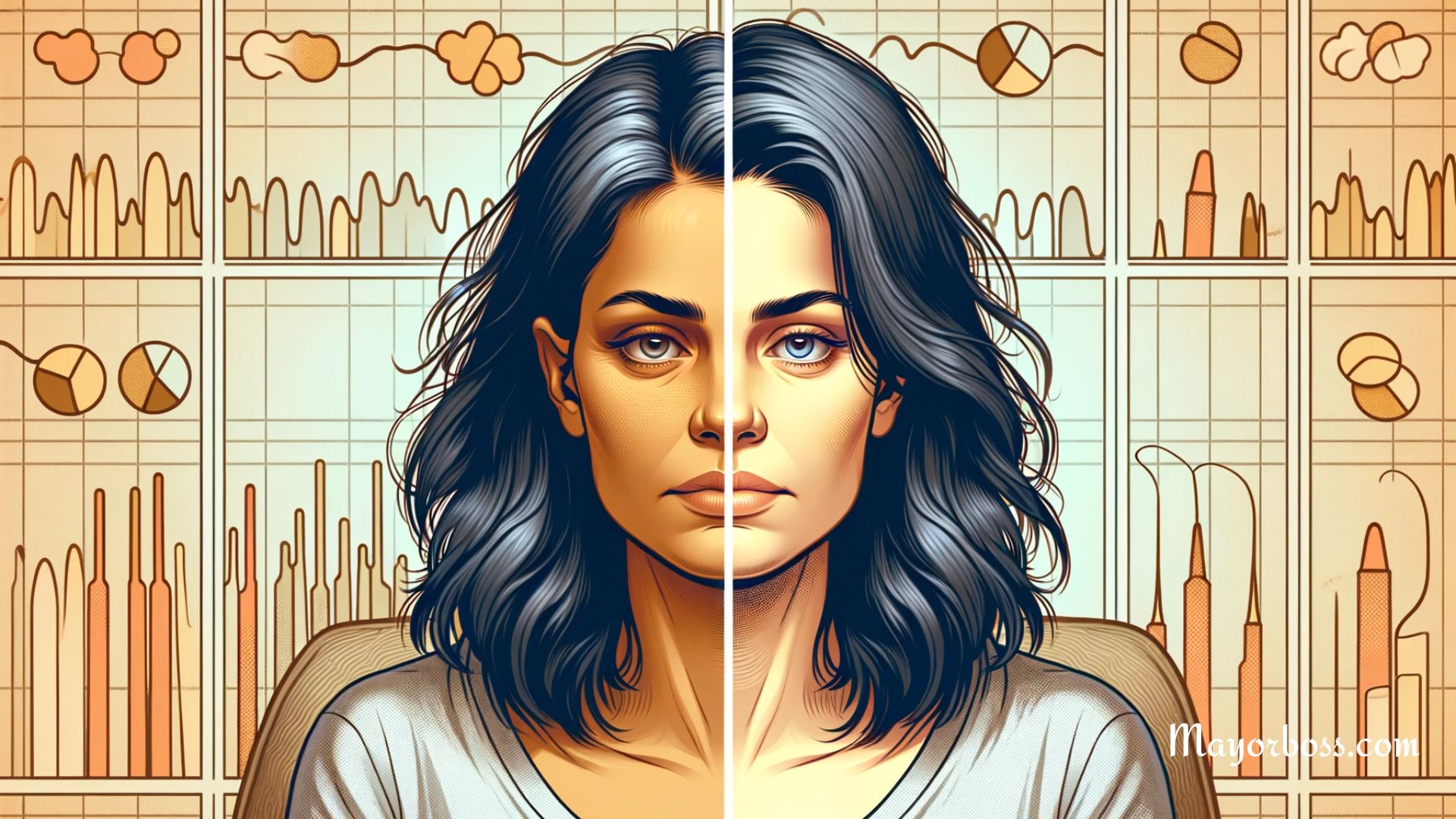 Ann illustration depicting the effects of dopamine on a Hispanic woman in her mid-40s. The image shows a split composition: on the left, the effects of low dopamine levels are represented by a fatigued appearance and muted colors, while on the right, the high dopamine levels are illustrated by an energetic demeanor and vibrant colors. This contrast effectively portrays the influence of dopamine on mood and energy levels.