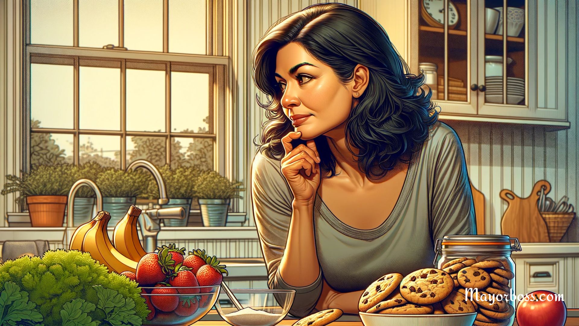 illustration of a woman at home, experiencing a strong craving for sugar. You can observe her thoughtful expression as she faces the internal struggle between choosing a healthier option or indulging in sweets.